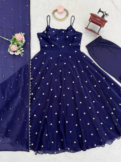 Elegant Navy Blue Fendy Silk Embroidered Anarkali Suit Set with Moti-Lace Dupatta