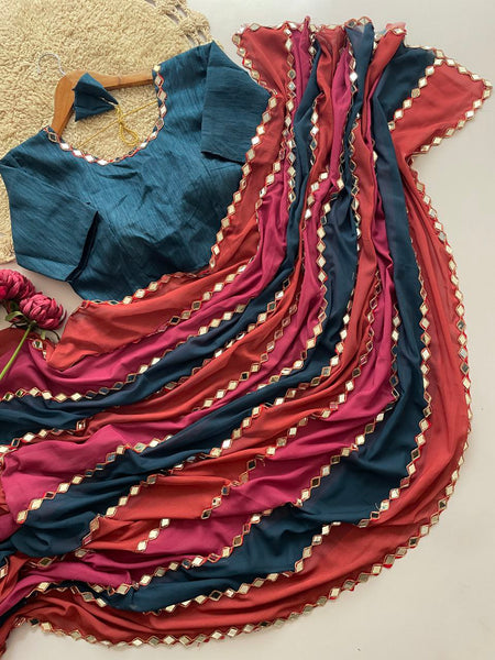 Bollywood Blockbuster: Premium Faux Georgette Saree with Real Mirror Work & Coding Lace