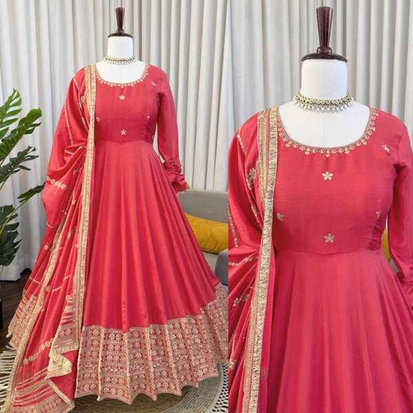 Premium Pink Chinon Silk Anarkali Suit Set