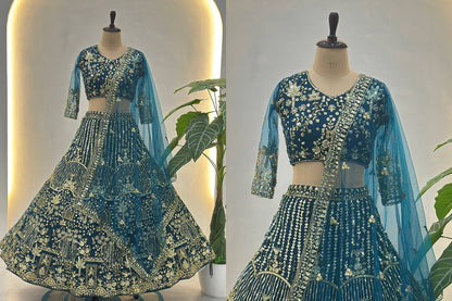 Elegant Sequins & Coding Embroidered Butterfly Net Lehenga Choli Set