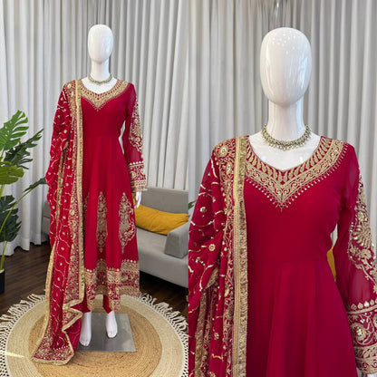 Faux Georgette Embroidered Anarkali Set with Pant & Dupatta