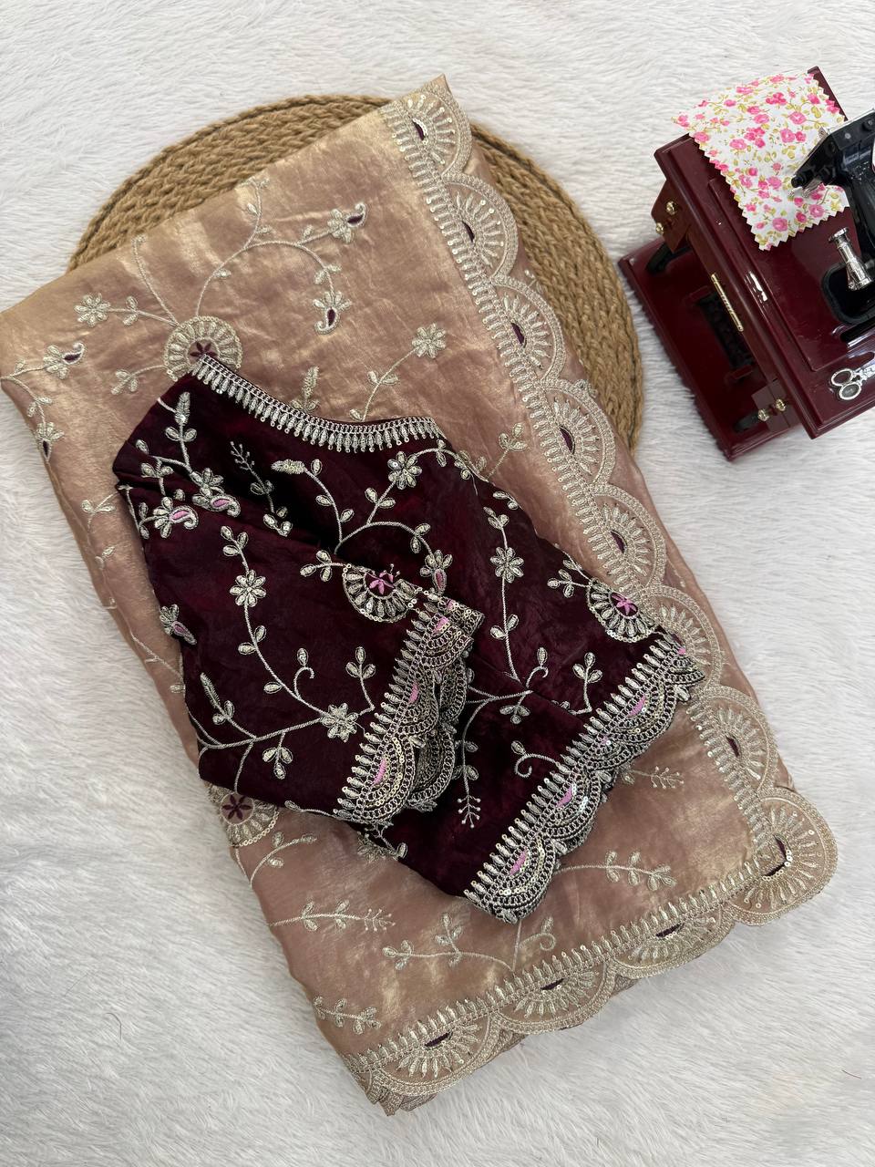 Exquisite Heavy Fendy Silk Saree with Intricate Thread & Sequence Work