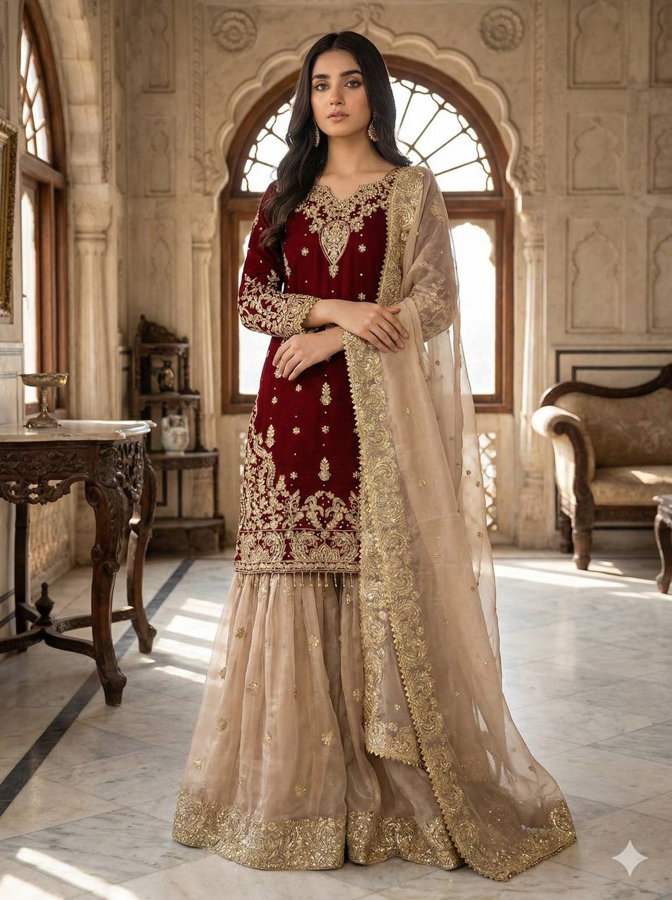 Heavy GMY Silk Embroidered Sharara Suit Set