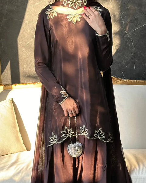 Heavy Natural Crepe Embroidered Farshi Salwar Suit