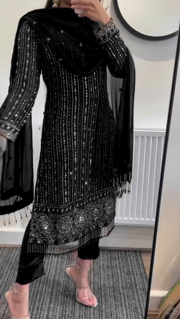 Elegant Faux Georgette Embroidered Suit Set with Real Mirror Work Latkan