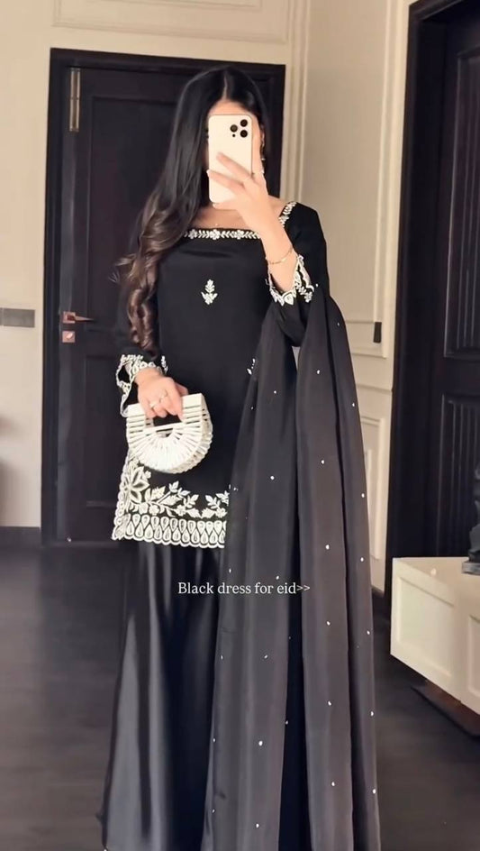 Elegant Heavy Natural Crep Top Palazzo Set with Tibby Silk Moti Work Dupatta