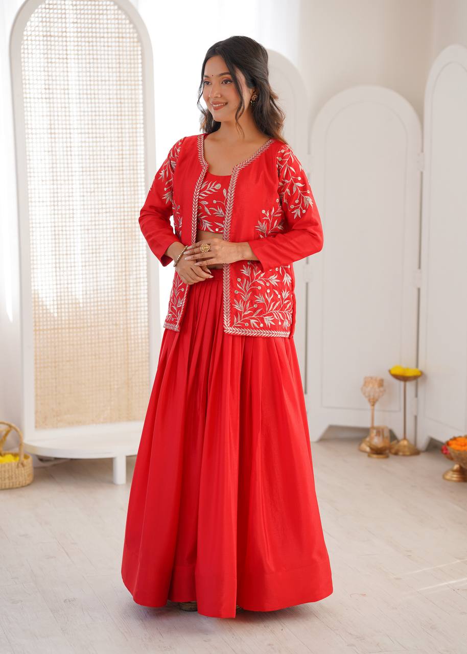 Heavy Chinon Silk Lehenga Choli with Embroidered Koti