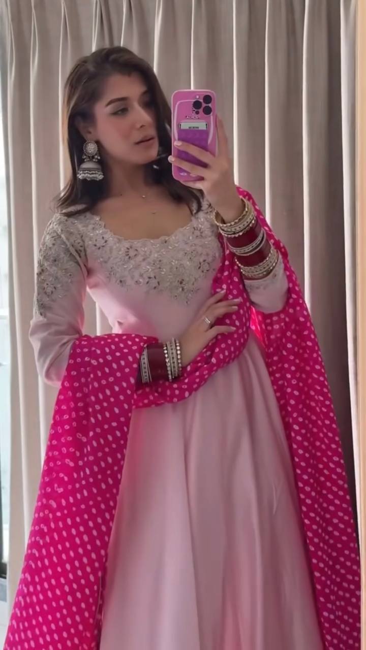 Exquisite Crepe Silk Embroidered Gown Set