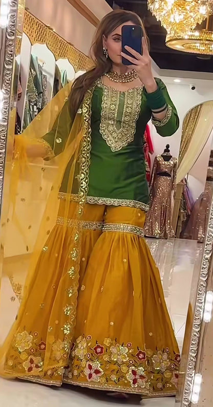 Exquisite Faux Georgette Embroidered Sharara Set