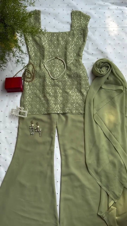 Faux Georgette Top & Boot-Cut Pant Set