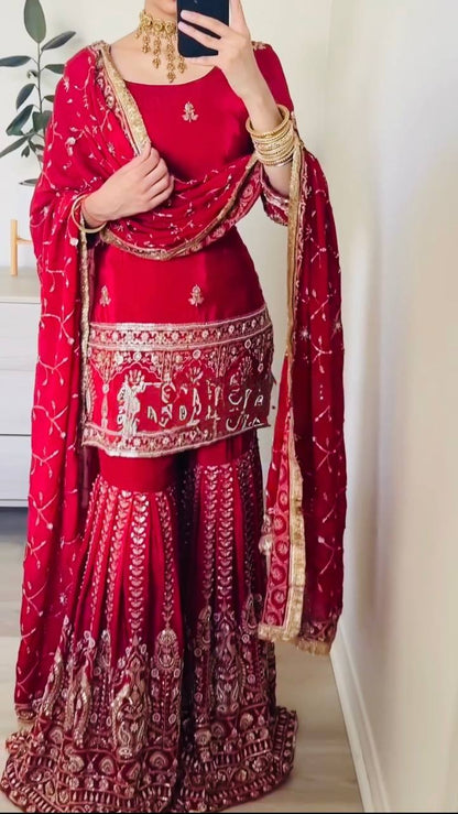 Embroidered Chinon Silk Sharara Set with Sequence Work