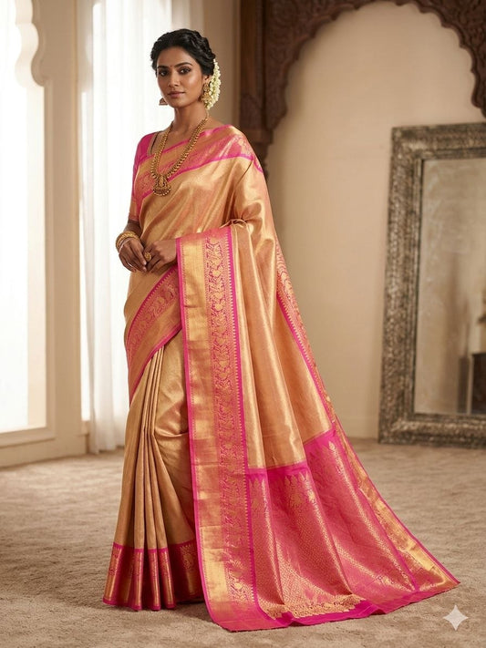 CREAM PINK SILK SAREE
