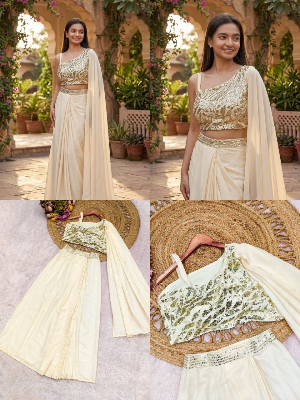 Elegant Crape Silk Dhoti Style Saree – Ready-to-Wear with Multi-Thread Embroidery & Sequin Work