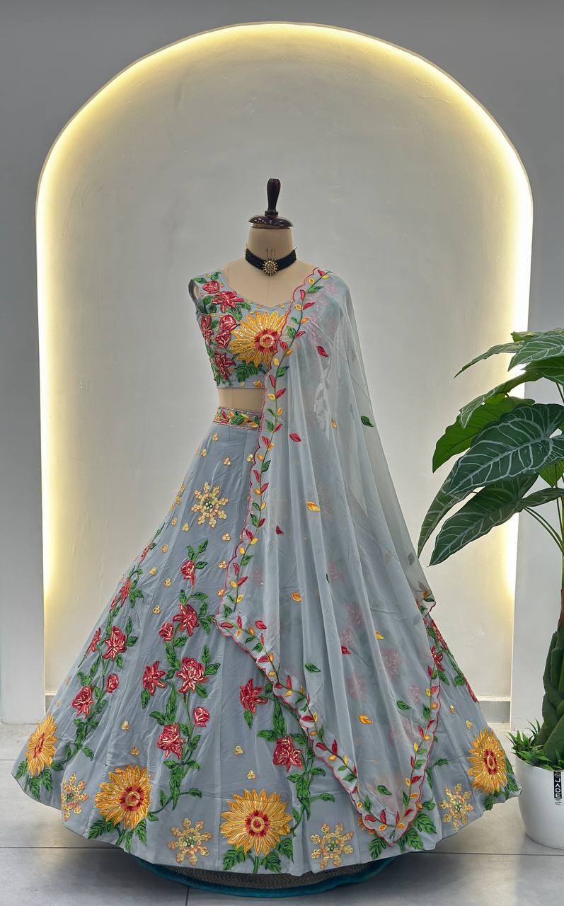 Exquisite Faux Georgette Lehenga Choli with Sequin Thread Embroidery