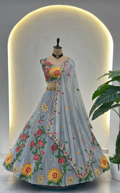 Exquisite Faux Georgette Lehenga Choli with Sequin Thread Embroidery