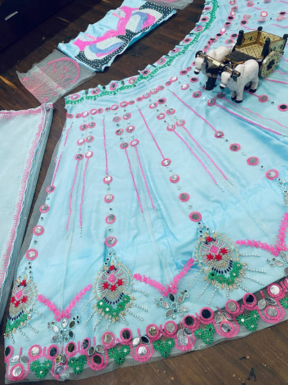 Designer Soft Butterfly Net Lehenga Choli with Real Mirror and Pearl Work - 3.5M Flare and Cancan