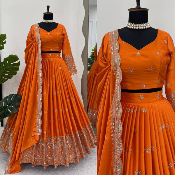 Designer Satin Silk Sequinned Lehenga Choli with Cutwork Dupatta