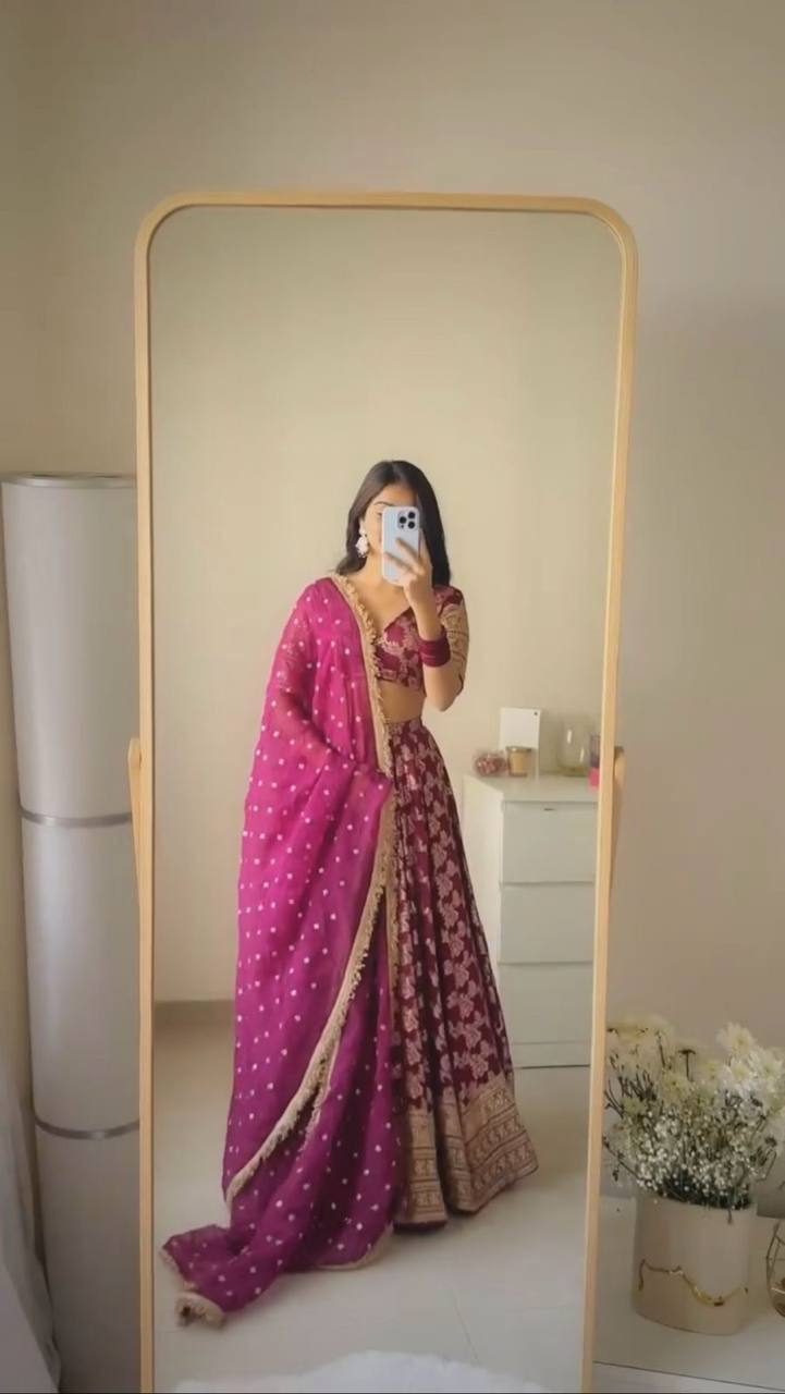 Elegant Jacquard Semi-Stitched Lehenga Choli Set