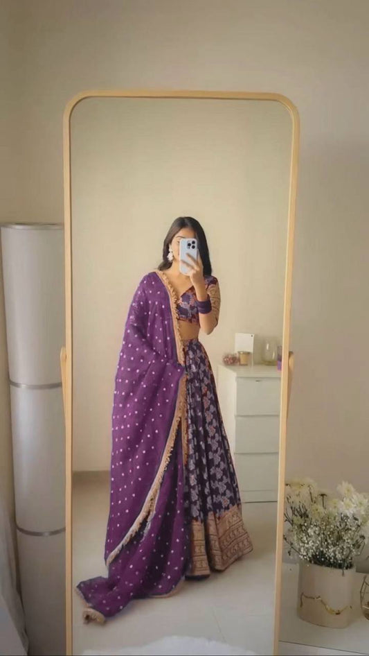 Premium Jacquard Semi-Stitched Lehenga Choli with Sequence Work Faux Georgette Dupatta