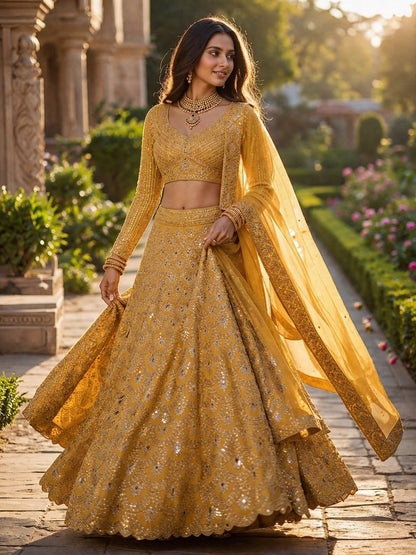 Exquisite Faux Georgette Lehenga Choli with Real Mirror Sequins Work