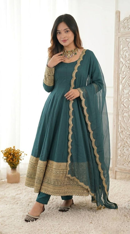 Heavy Natural Crape Embroidered Anarkali Suit Set