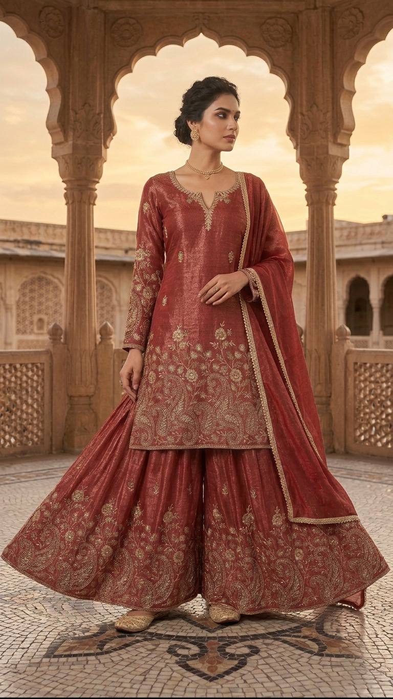 Heavy Crunchy Silk Sequence Embroidery Sharara Set