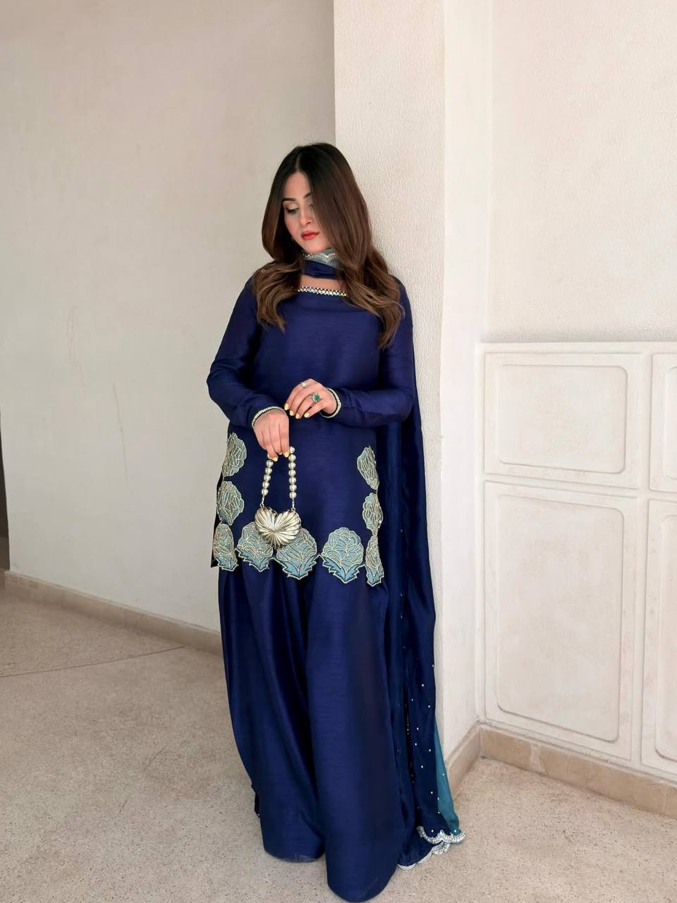 Heavy Crepe Silk Embroidered Farshi Salwar Suit Set