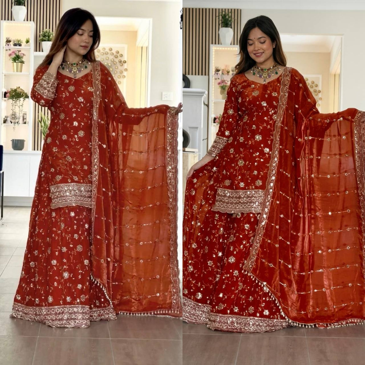 Premium Pure Frendy Silk Embroidered Top Palazzo Dupatta Set