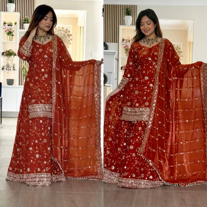 Premium Pure Frendy Silk Embroidered Top Palazzo Dupatta Set