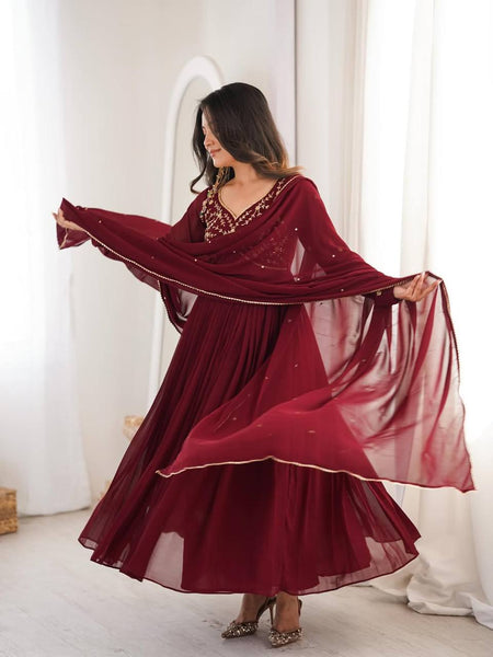 Elegant Faux Georgette Gown Set with Hand-Crafted Beading
