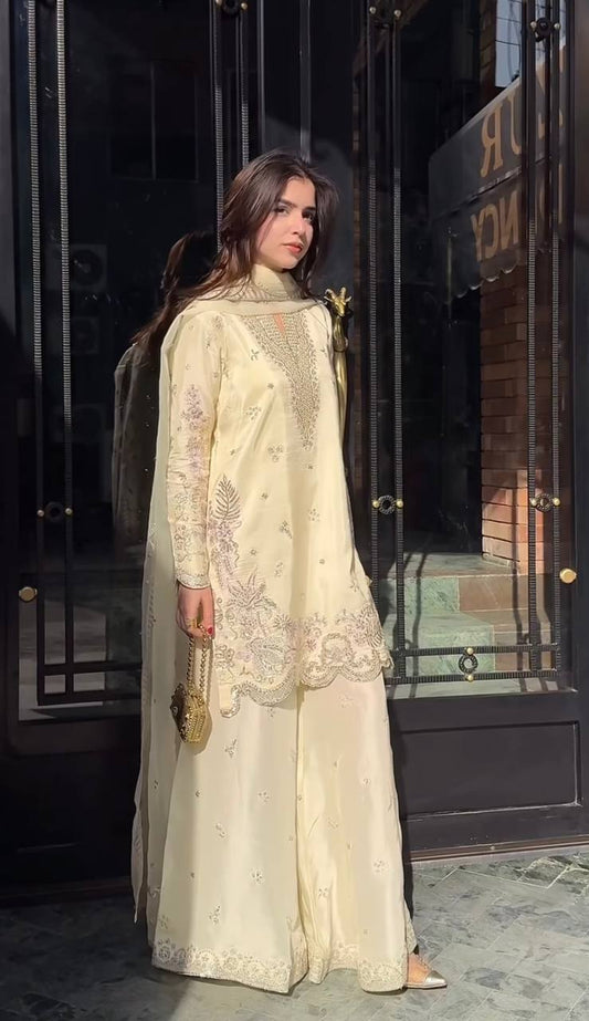 Premium Natural Crepe Silk Sharara Suit with Multi-Needle Sequence Embroidery