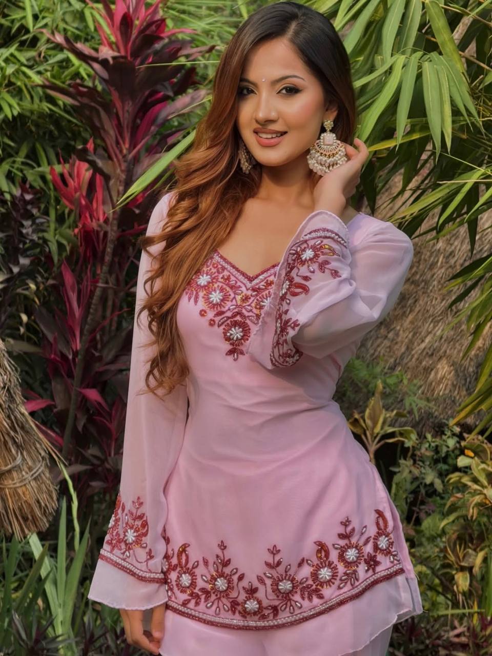 Heavy Faux Georgette Embroidered Peplum Top with Palazzo Set