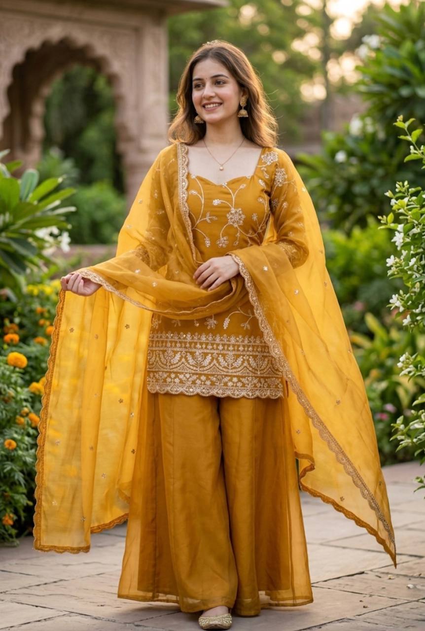 Royal Embroidered Frendy Silk Palazzo Suit Set