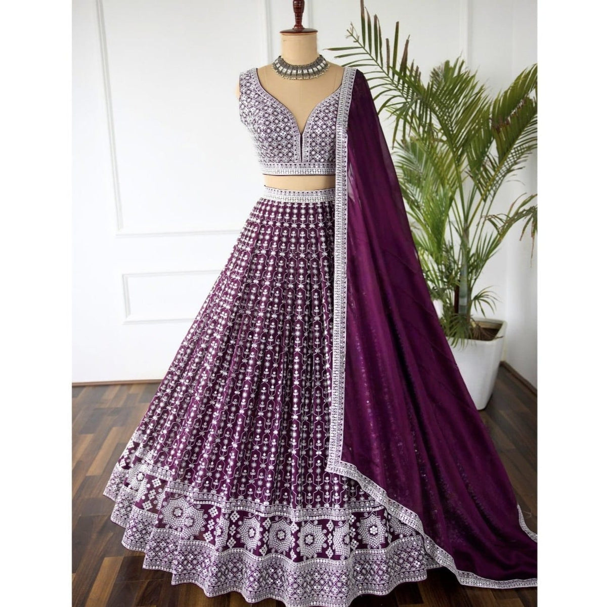 Premium Faux Georgette Lehenga Choli Set with Heavy Sequins Thread Embroidery