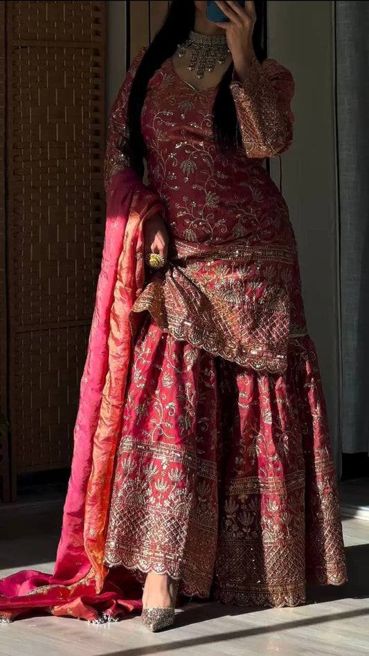 Elegant Heavy Fandy Crushi Silk Sharara Set