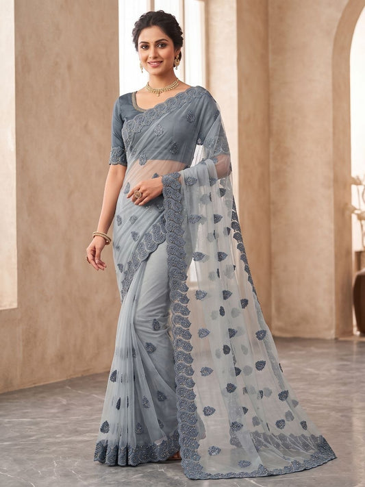 Grey Net Saree