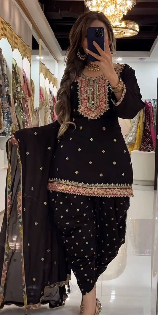 Heavy Faux Georgette Embroidered Dhoti Salwar Suit Set