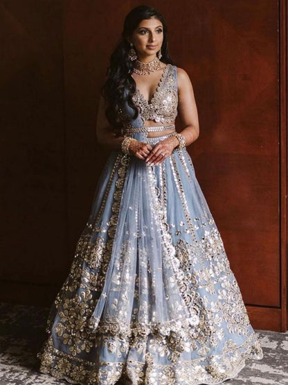 Elegant Gray Net Lehenga Choli with Mirror Jari Embroidery