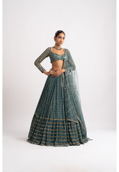 Bottle Green Embroidered Faux Georgette Lehenga Choli Set