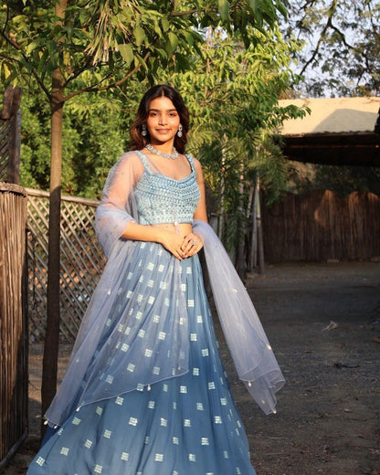 Elegant Dark Sky Blue Faux Georgette Lehenga Choli Set