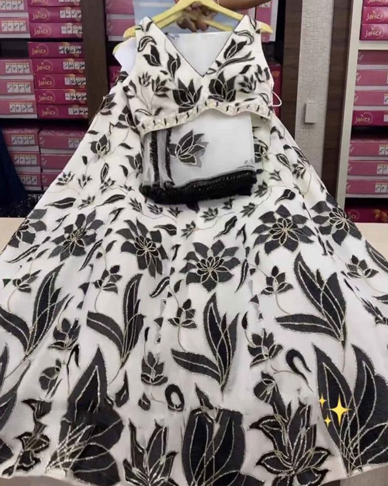 Elegant Black Off-White Faux Georgette Lehenga Choli set