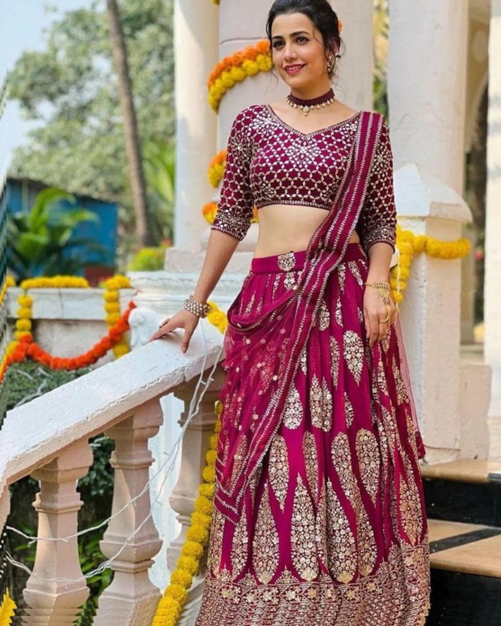 Cherry Red Faux Georgette Lehenga Choli Set