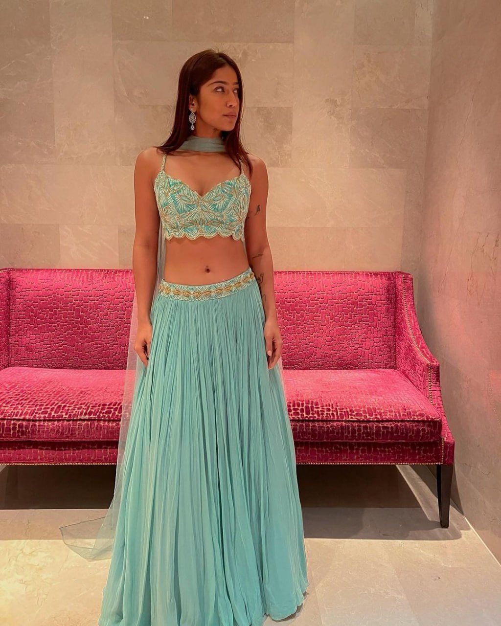 Turquoise Georgette Crush Work Lehenga Set