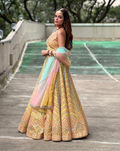 Radiant Yellow Multi-Work Dola Silk Lehenga Set