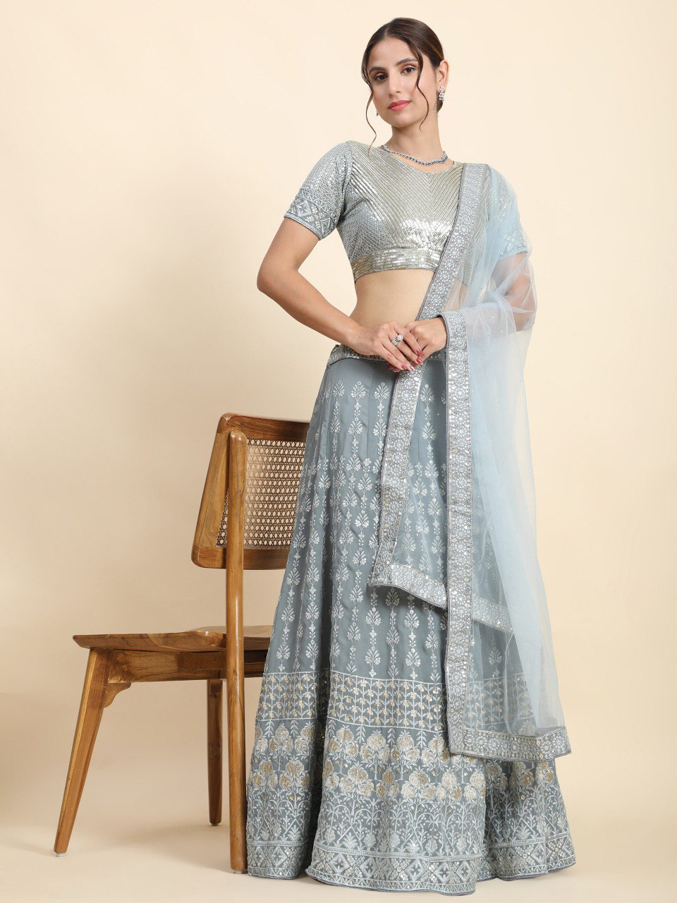 Exquisite Faux Georgette Sequin Embroidered Lehenga Set