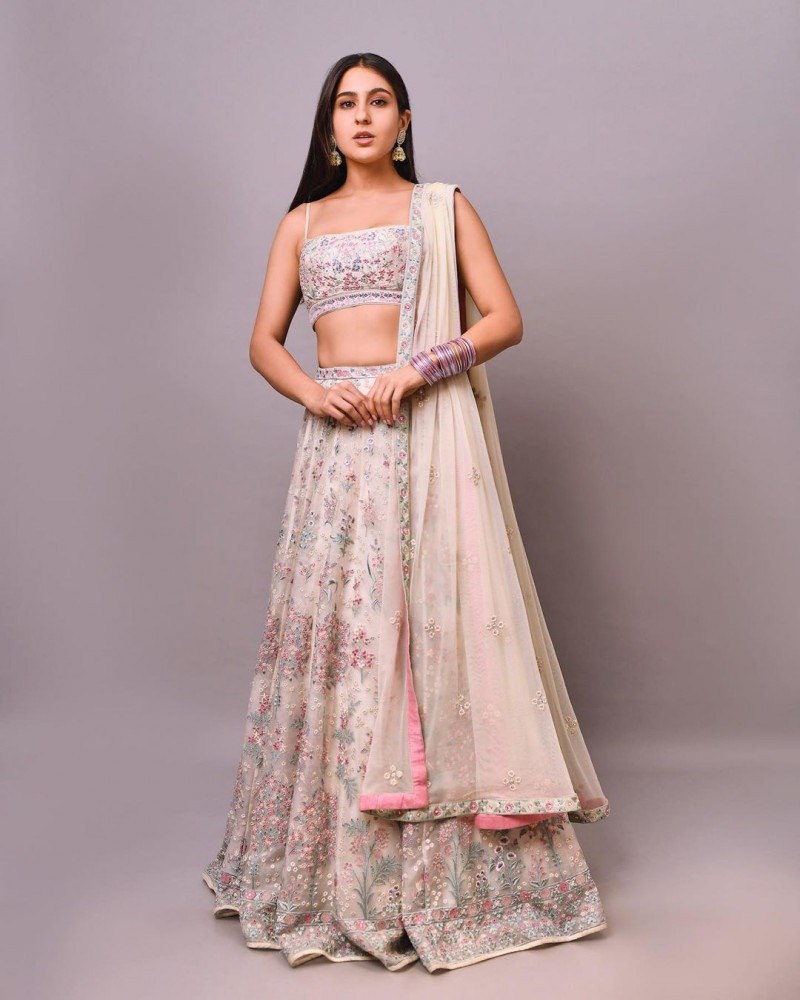 Exquisite Cream Georgette Lehenga Choli with Multi Thread Embroidery