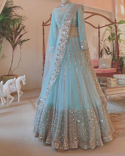 Premium Butterfly Net Lehengas with Paper Mirror Jari Embroidery Work