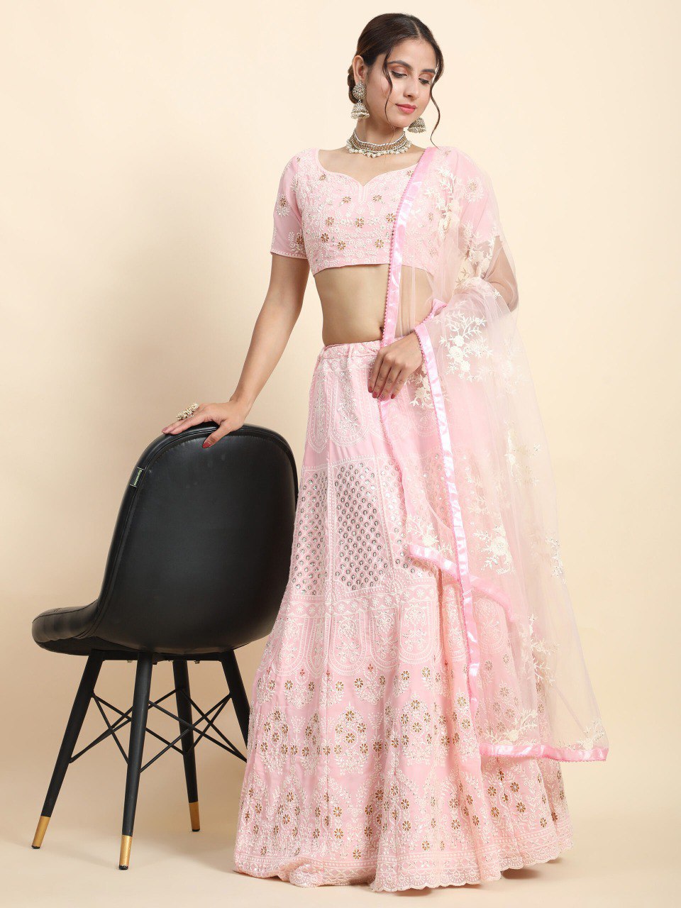 Faux Georgette Sequin Embroidered Lehenga Set