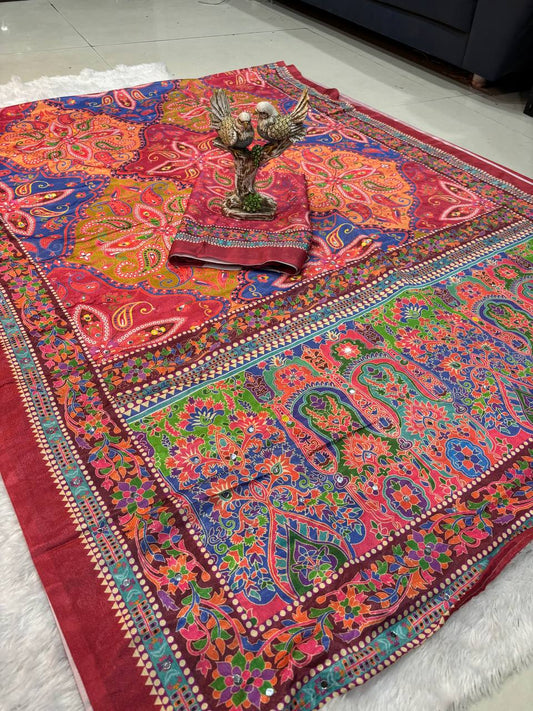 Ajrakh Print Mirror Work Chinnon Saree