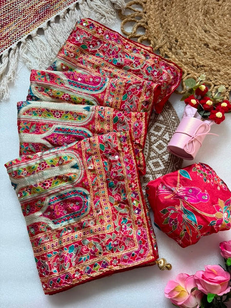 Shiny Chinnon Silk Fabric Ajarakh Print Ari Work Saree